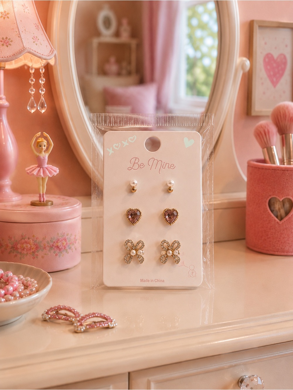 Be Mine Pink and Gold Heart & Bow Kids Earring Set